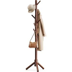 Wooden Coat Tree with 8 Hooks, 3 Adjustable Sizes for Clothes